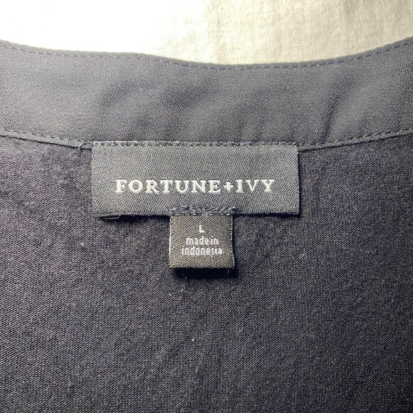 Fortune + Ivy Helina Mixed Material Blouse Womens L Black Career Roll Cuff EUC - Picture 3 of 9